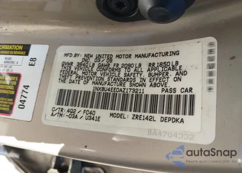 2010 Toyota Corolla Le z USA, uszkodzony, nr VIN 1NXBU4EE0AZ173211